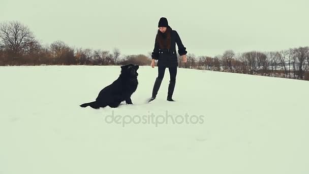 젊은 여자는 눈에 강아지와 함께 연주. 겨울. — 비디오