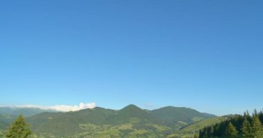 Güneşli Yeşil Dağları. Mavi gökyüzü ve tepeler çayır. Kaydırma. Orman dağlarda. Panorama güzel çam ağaçları yüksek dağlar arka plan üzerinde.