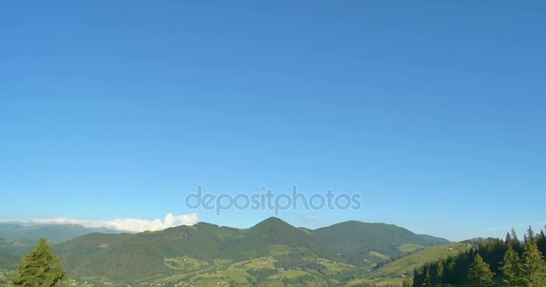 阳光灿烂的绿色山脉。蓝色的天空和山草甸。平移。在山上的森林。全景美丽松树上高山的背景. — 图库视频影像