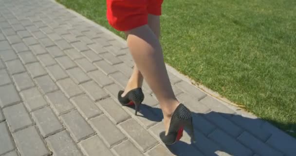 Patas sexy, tacones altos negros, caminando en el parque — Vídeos de Stock