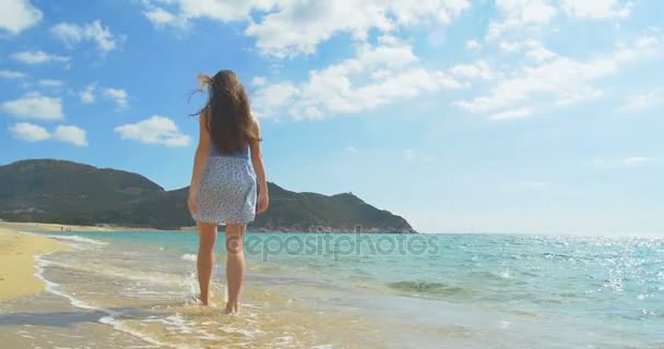 Atractiva hembra caminando por la playa de arena. Agua azul clara — Vídeos de Stock