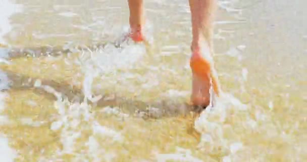 美しい女性の足、砂のビーチに沿って runn。水の中を歩く. — ストック動画
