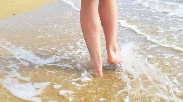 Hermosas piernas de mujer, paseadas por la playa de arena. Caminando en el agua . — Vídeo de stock