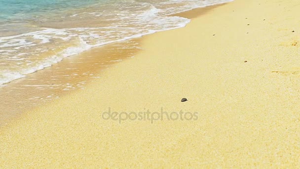 Olas aterrizando en la playa de arena. Agua azul clara. Movimiento lento . — Vídeo de stock