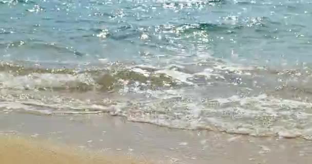 波が砂浜に着陸します。澄んだ青い水 — ストック動画