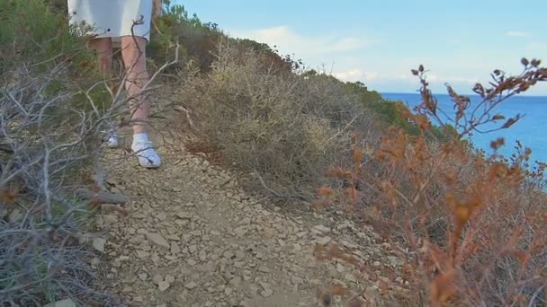 Hermosas piernas de mujer en zapatillas blancas, que van a lo largo del suelo pedregoso. Caminando en el desierto . — Vídeo de stock