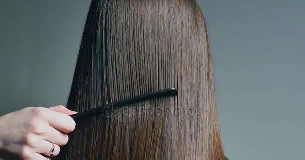 Parrucchiere donna pettinando i capelli. Preparazione dei capelli — Video Stock