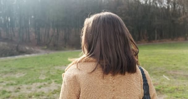 Seguimi, giovane sorridente ragazza felice che cammina e ti chiede di seguirla al parco autunnale. Giovane donna attraente camminare e sorridere sotto i raggi del sole — Video Stock