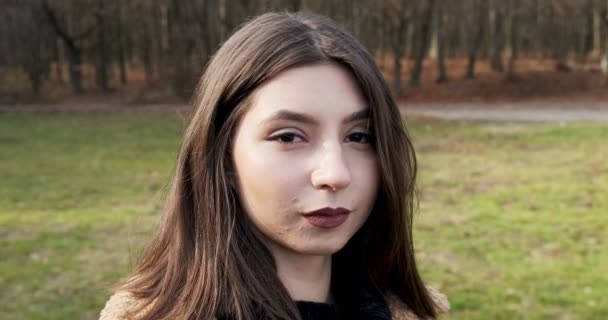 Retrato de joven atractiva hembra mirando a la cámara deslizante en el parque de otoño. Alegre mujer bonita en el césped verde. De cerca. — Vídeos de Stock