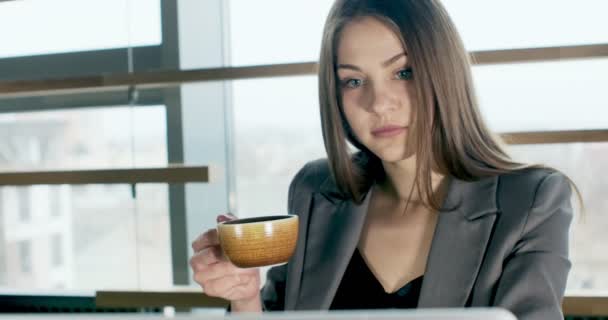 Mujer preocupada beber café y trabajar en el ordenador portátil, mirando hacia otro lado pensando en resolver el problema en la oficina. Femenina atractiva seria trabajando con cuaderno — Vídeos de Stock