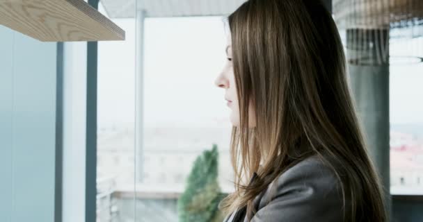 Портрет молодой привлекательной девушки, смотрящей на камеру в офисе возле окна. Весело красивая женщина. Закрыть — стоковое видео