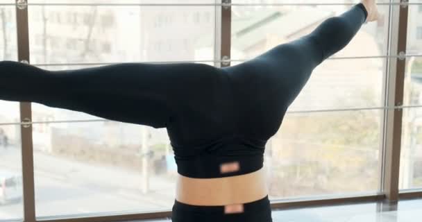 Hermosa joven haciendo ejercicio de yoga en la habitación con grandes ventanales. Atractiva mujer trabajando con su cuerpo. Concepto de relajación — Vídeos de Stock