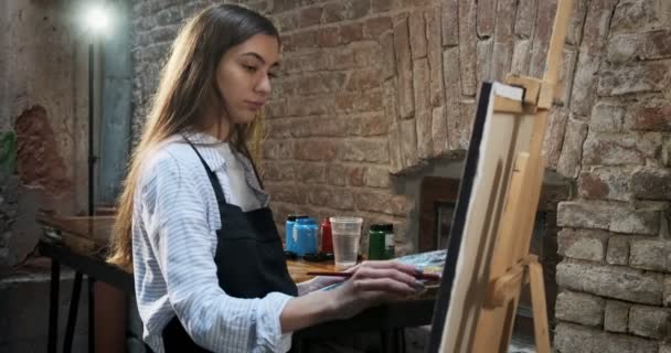 Talentierte innovative hübsche Künstlerin zeichnet mit Pinsel auf die Leinwand. zeitgenössische junge Malerin schafft abstrakte Bilder. attraktives Mädchen schafft moderne Malerei — Stockvideo