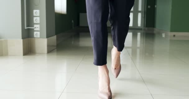 Молодая деловая женщина, идущая по коридору офиса. Серьезный привлекательный женщина идет на конференцию с ноутбуком и документов — стоковое видео