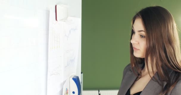 Schöne junge Geschäftsfrau führt finanzielle Berechnungen auf dem Whiteboard durch. Arbeiten mit Papieren weiblich — Stockvideo