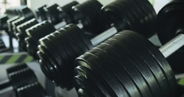 Hantlar ro i modern sport klubb gym. Närbild av sportutrustning — Stockvideo