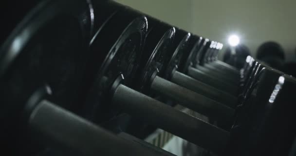 Haltères rangée dans la salle de sport moderne club de gym. Gros plan sur les équipements sportifs — Video