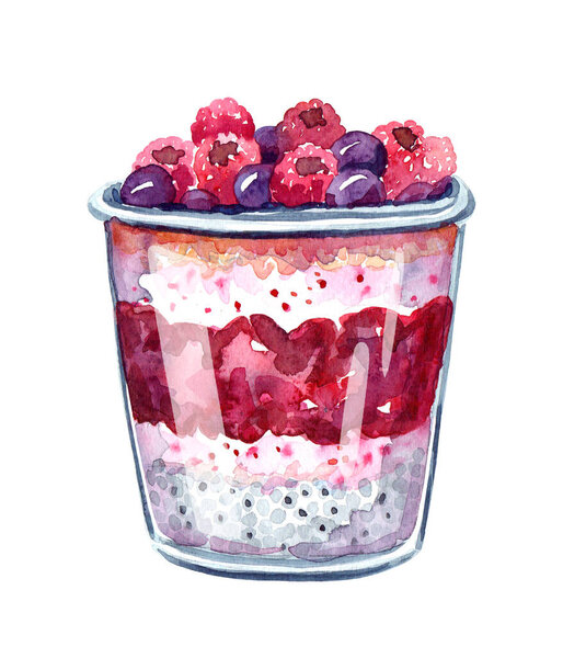 Healthy blueberry and raspberry parfait with yogurt, oatmeal and chia seeds in glass bowl. Watercolor illustration