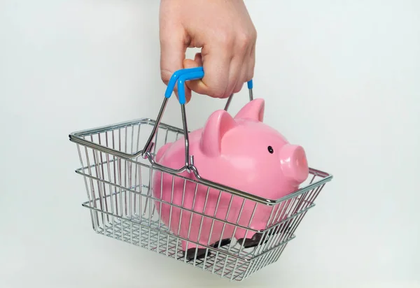 Hand met winkelmandje met spaarvarken — Stockfoto