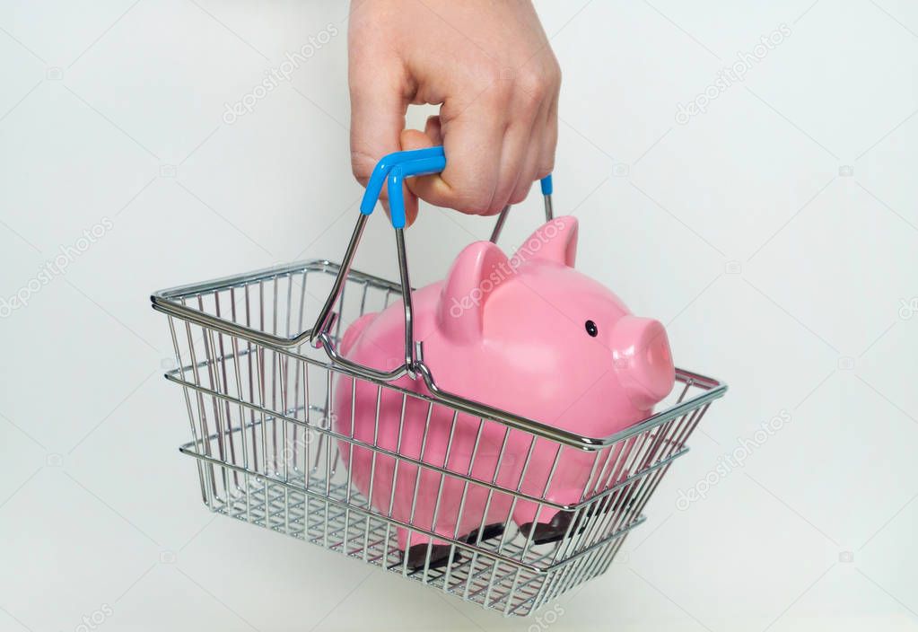 Hand holding shopping basket with piggy bank