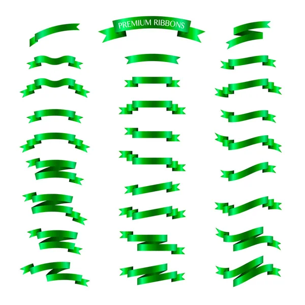 Groene linten vector ingesteld op witte achtergrond. Premium linten se — Stockvector