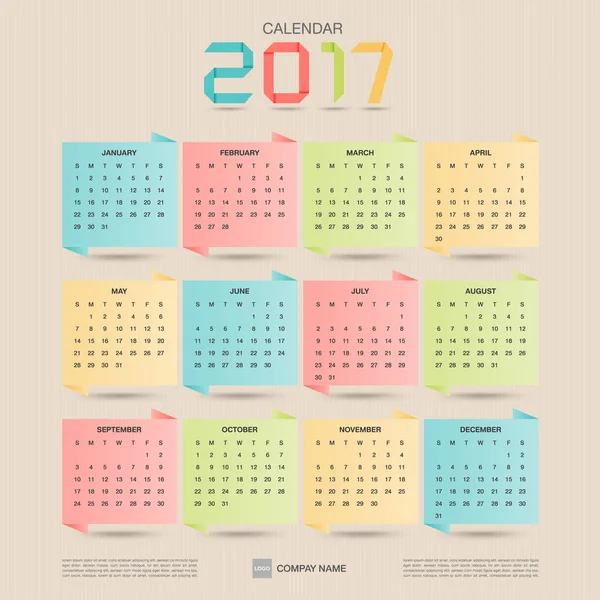 Kalender 2017. Origami-Design-Vorlage. Woche beginnt am Sonntag. — Stockvektor