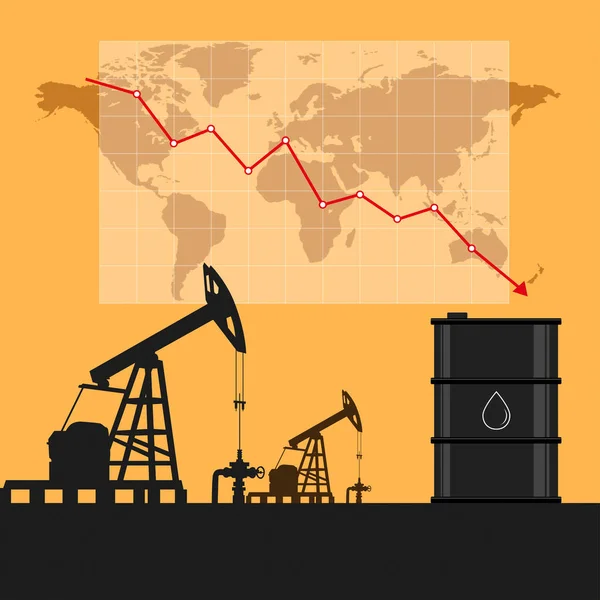 Concepto de industria petrolera. Precio del petróleo cayendo gráfico y gráfico ingenio — Vector de stock