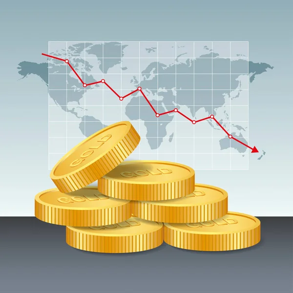 सोने की कीमत अवधारणा। गोल्डन सिक्के मूल्य गिरते ग्राफ और सी — स्टॉक वेक्टर