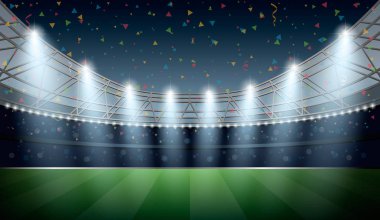 Futbol Stadyumu spot ışık ve konfeti arka plan ile. Futbol