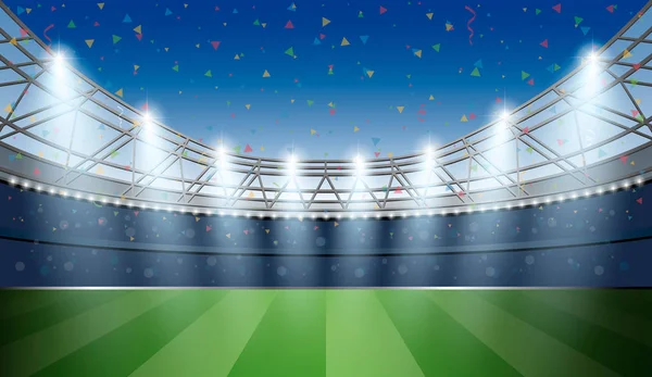 Estádio de futebol com luz local e fundo de confete. Futebol — Vetor de Stock