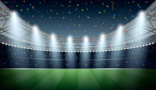 Stade de football avec projecteur et fond confetti. Football — Image vectorielle