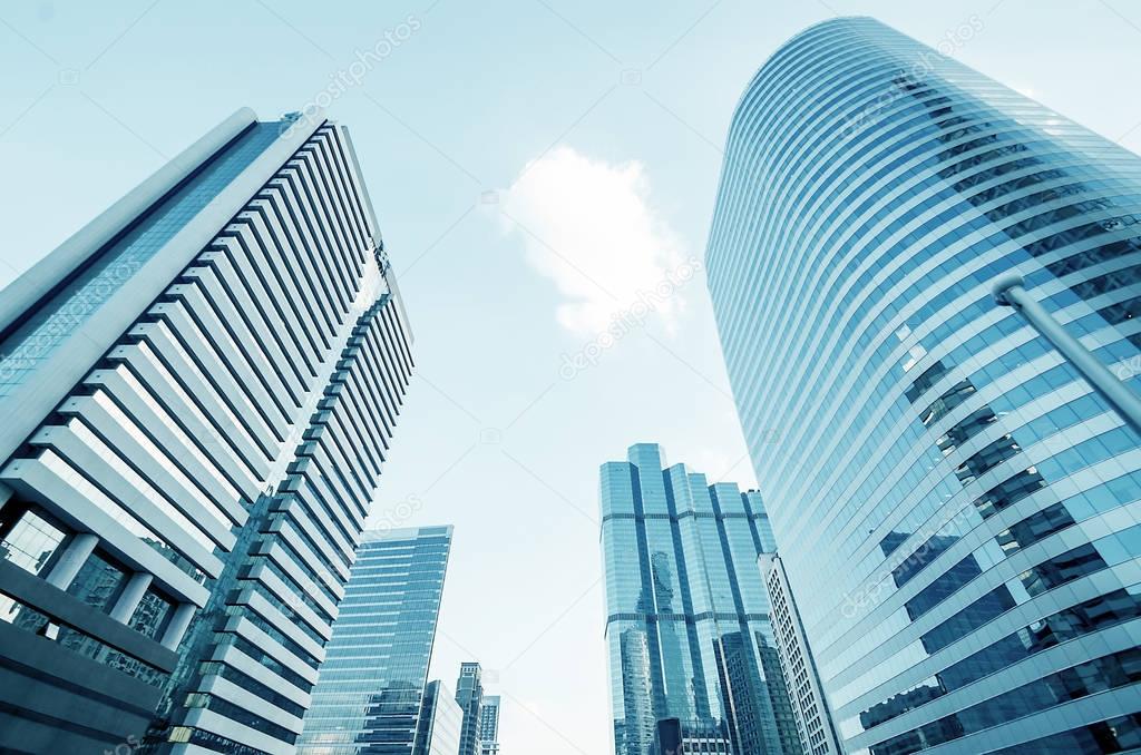 Modern blue reflective office buildings.