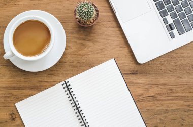 Dizüstü bilgisayar, dizüstü bilgisayar, kalem, kaktüs ile ahşap Resepsiyon Masa