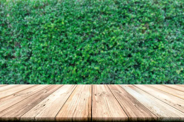 Mesa de madera vacía con fondo de pared de hojas verdes . — Foto de Stock