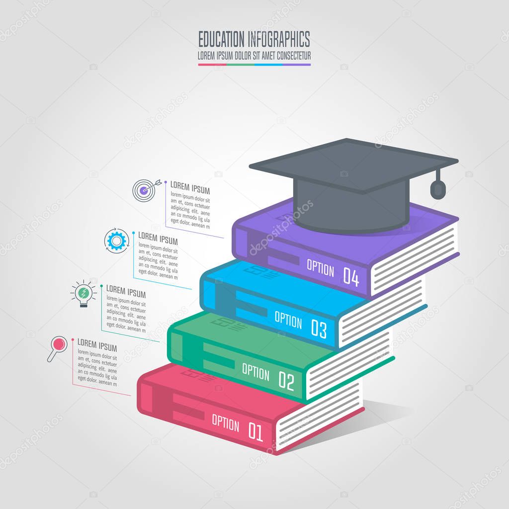 Graduation cap and books with timeline infographic design.