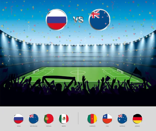 Partido de fútbol Rusia 2017 con la multitud emocionada de personas en un socce — Vector de stock