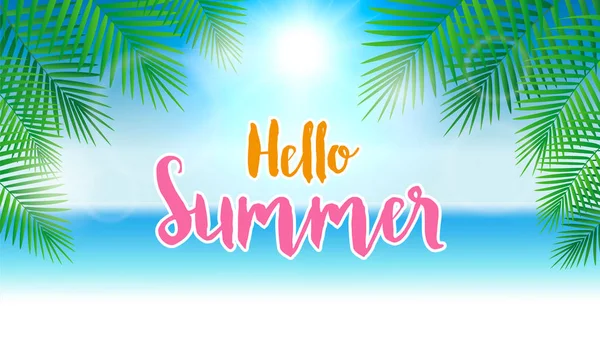 Hola concepto de verano. Fondo de verano con hojas de palma. Vector — Archivo Imágenes Vectoriales