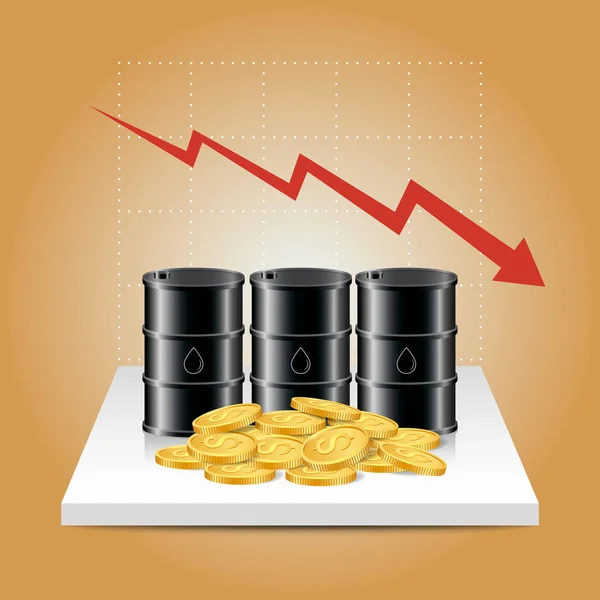 Concepto de industria petrolera. Precio del petróleo cayendo gráfico con tanque de aceite — Vector de stock