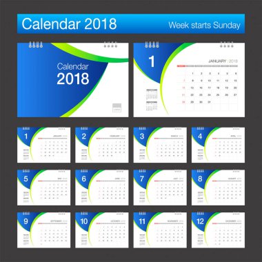 2018 takvim. Resepsiyon takvim modern tasarım şablonu. Hafta başlangıcı