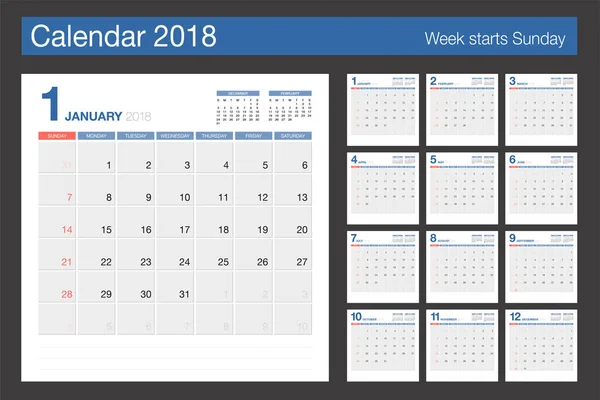 Календарь 2018 года. Современный шаблон дизайна настольного календаря. Неделя начинается — стоковый вектор