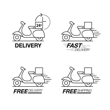 Teslimat Icon set. Scooter motosiklet Servisi, sipariş, 24 saat, f
