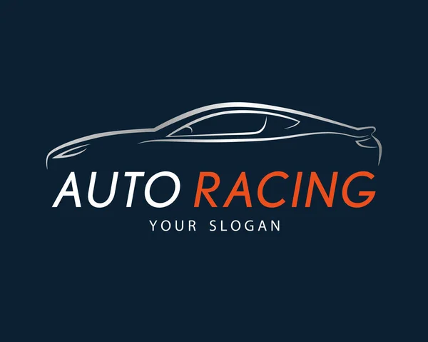 Símbolo de carreras de automóviles sobre fondo azul oscuro. Plata deporte coche registro — Vector de stock