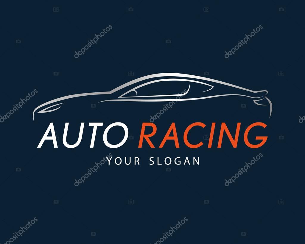 Auto racing symbol on dark blue background. Silver sport car logo design for dealer, shop, service station, showroom or corporate identity. Vector illustration.
