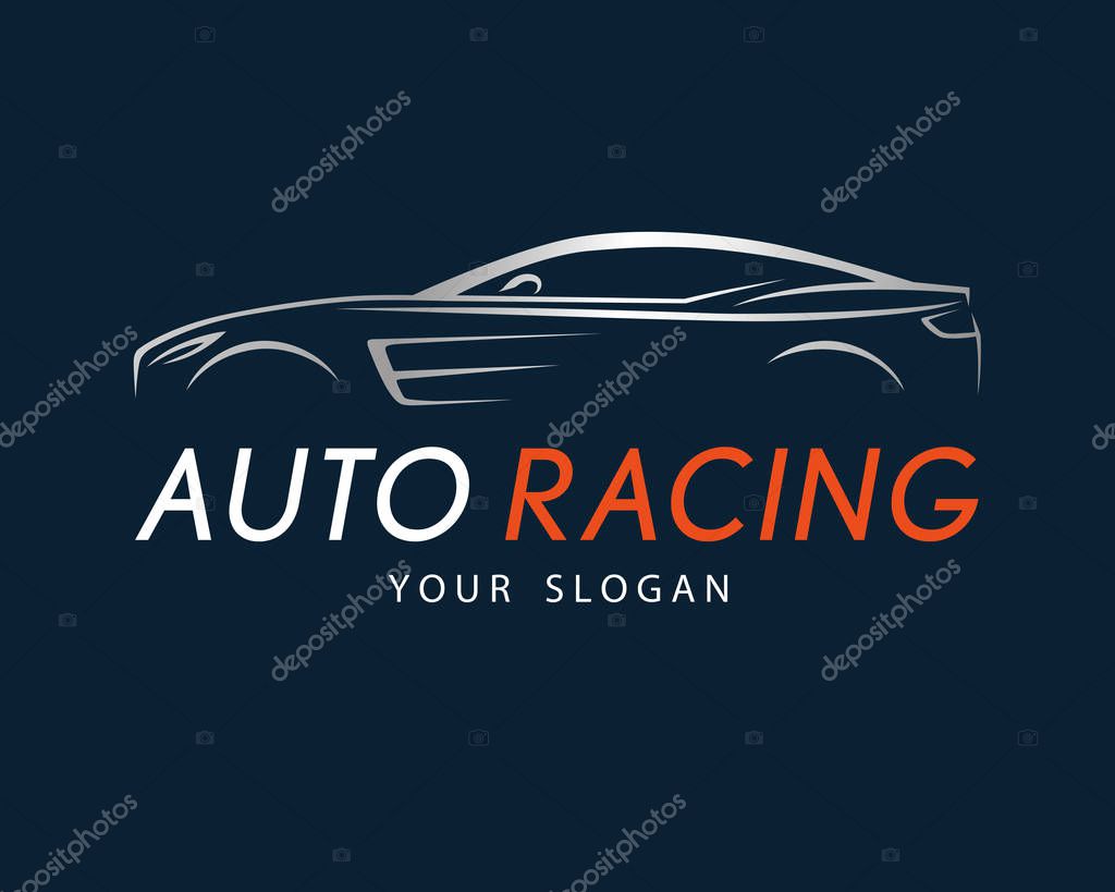Auto racing symbol on dark blue background. Silver sport car logo design for dealer, shop, service station, showroom or corporate identity. Vector illustration.