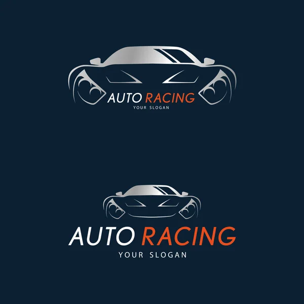 Auto racing symbol on dark blue background. Silver sport car log — Stock Vector