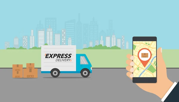 Conceito de entrega expressa. Verificando aplicativo de serviço de entrega no mobil — Vetor de Stock