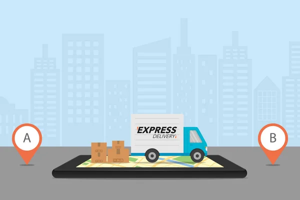 Koncepcja przesyłek ekspresowych. Kontrola aplikacji usługi dostawy na mobil — Wektor stockowy