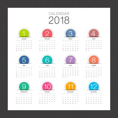2018 takvim. En az masa takvimi, renkli düğme ve modern