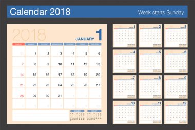 2018 takvim. Resepsiyon takvim modern tasarım şablonu. Hafta başlangıcı