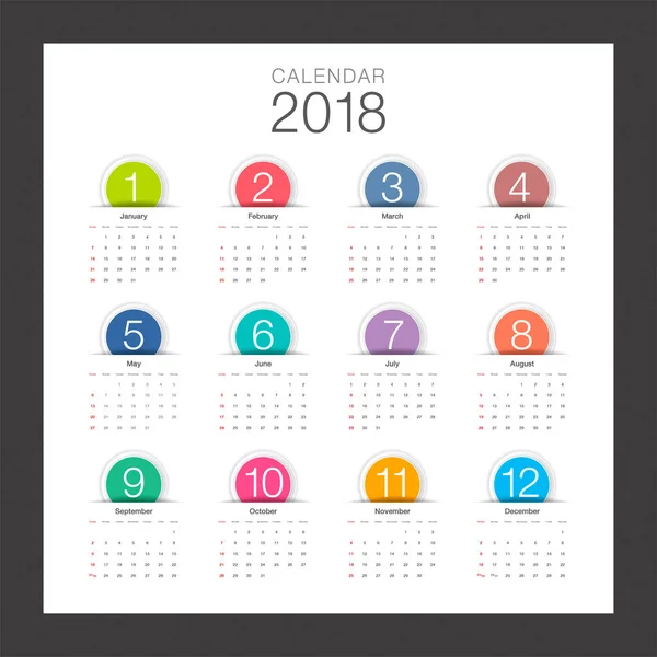 Calendário 2018. Calendário de mesa mínima, botão colorido e moderno — Vetor de Stock